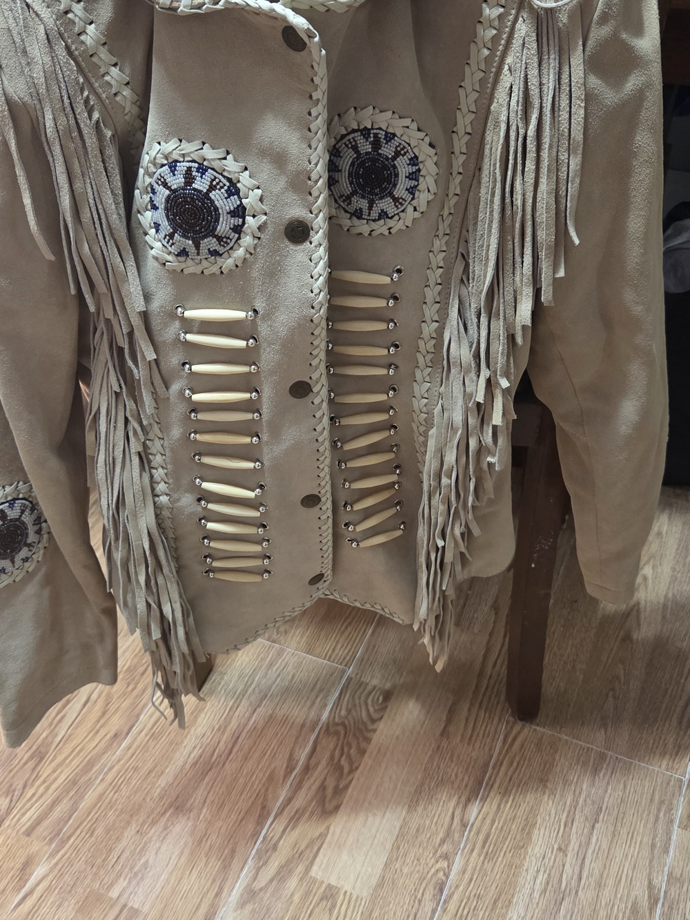 Fringed Faux Suede Jacket in Tan with Beaded Trim